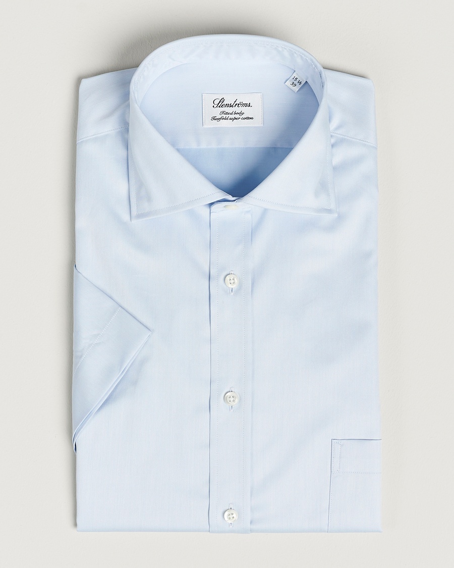 Stenströms Fitted Body Short Sleeve Twill Shirt Light Blue – Blue