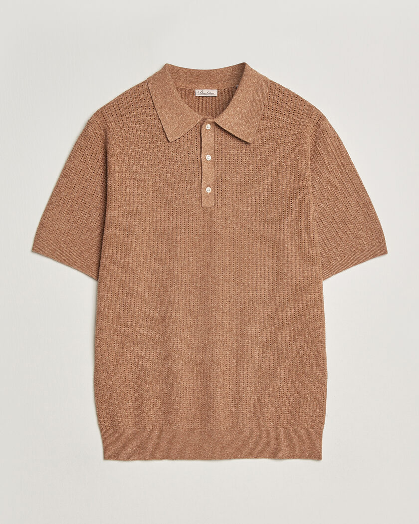 Stenströms Knitted Textured Cotton/Hemp Polo Light Brown – Brown