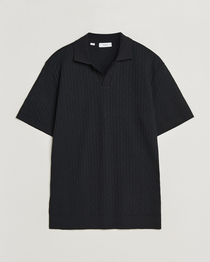 Eton Open Collar Jacquard Polo Black – Black