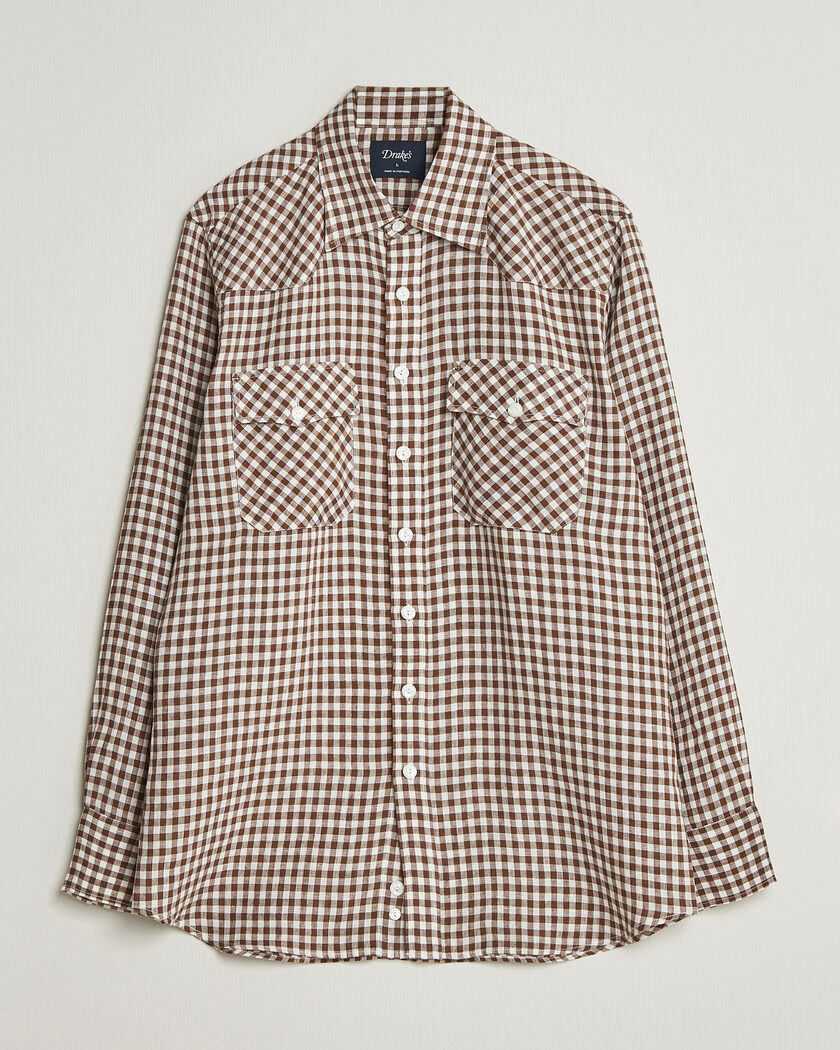 Drake's Linen Gingham Western Shirt Brown/White – Brown