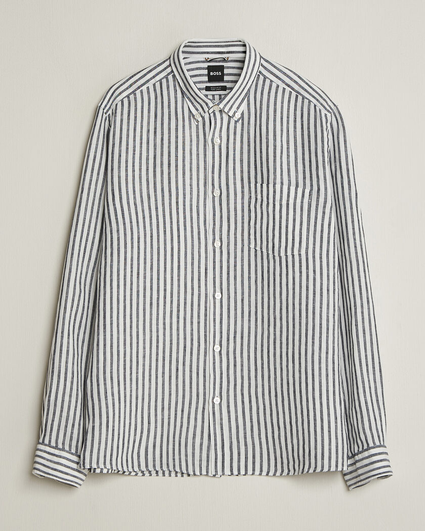 BOSS BLACK Liam Striped Linen Shirt Dark Blue – Blue