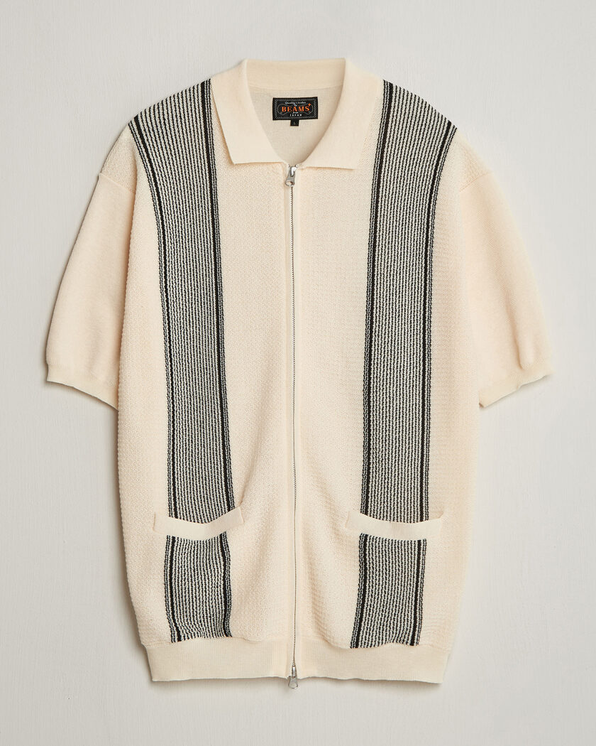 BEAMS PLUS Zip Knit Striped Polo Off White – Multi-colour
