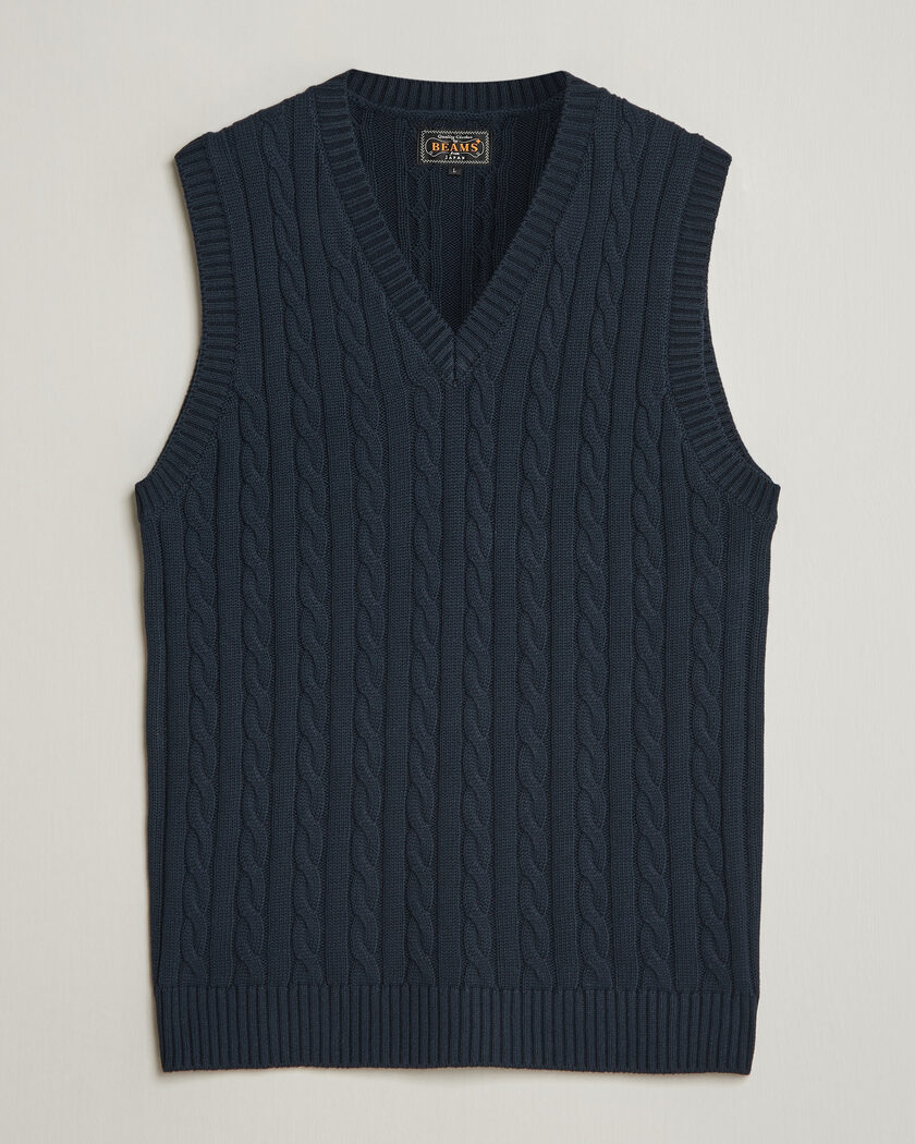 BEAMS PLUS Cable Knit Vest Navy – Blue