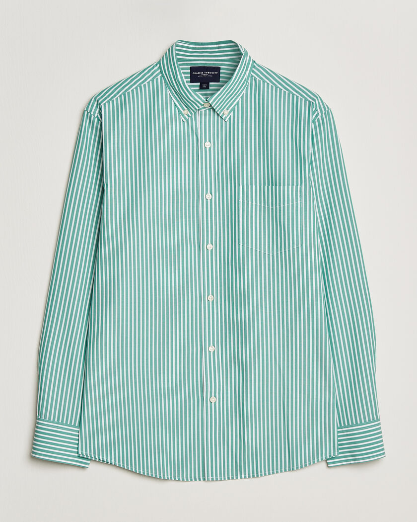 Charles Tyrwhitt Button Down Stretch Poplin Shirt Green Stripe – Green