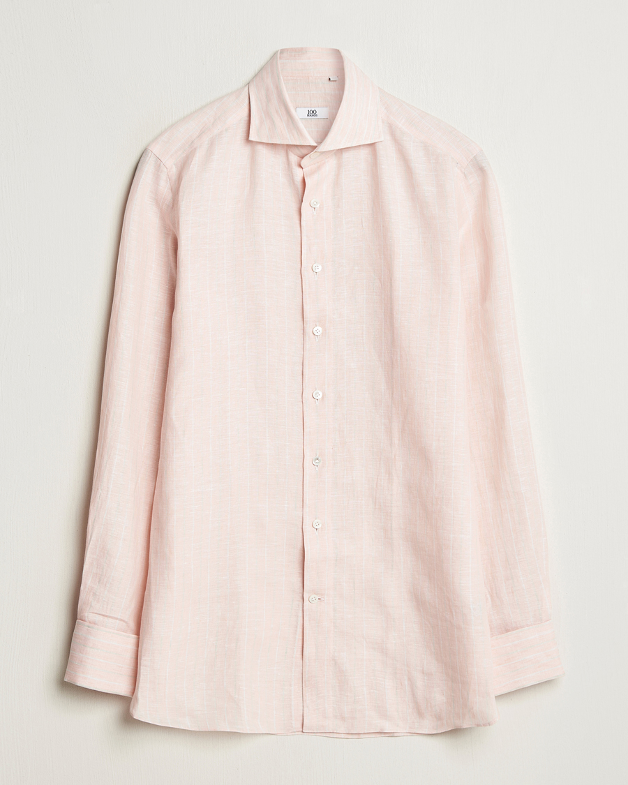 Men | Shirts | 100Hands | Cut Away Double Cuff Striped Linen Shirt Pink