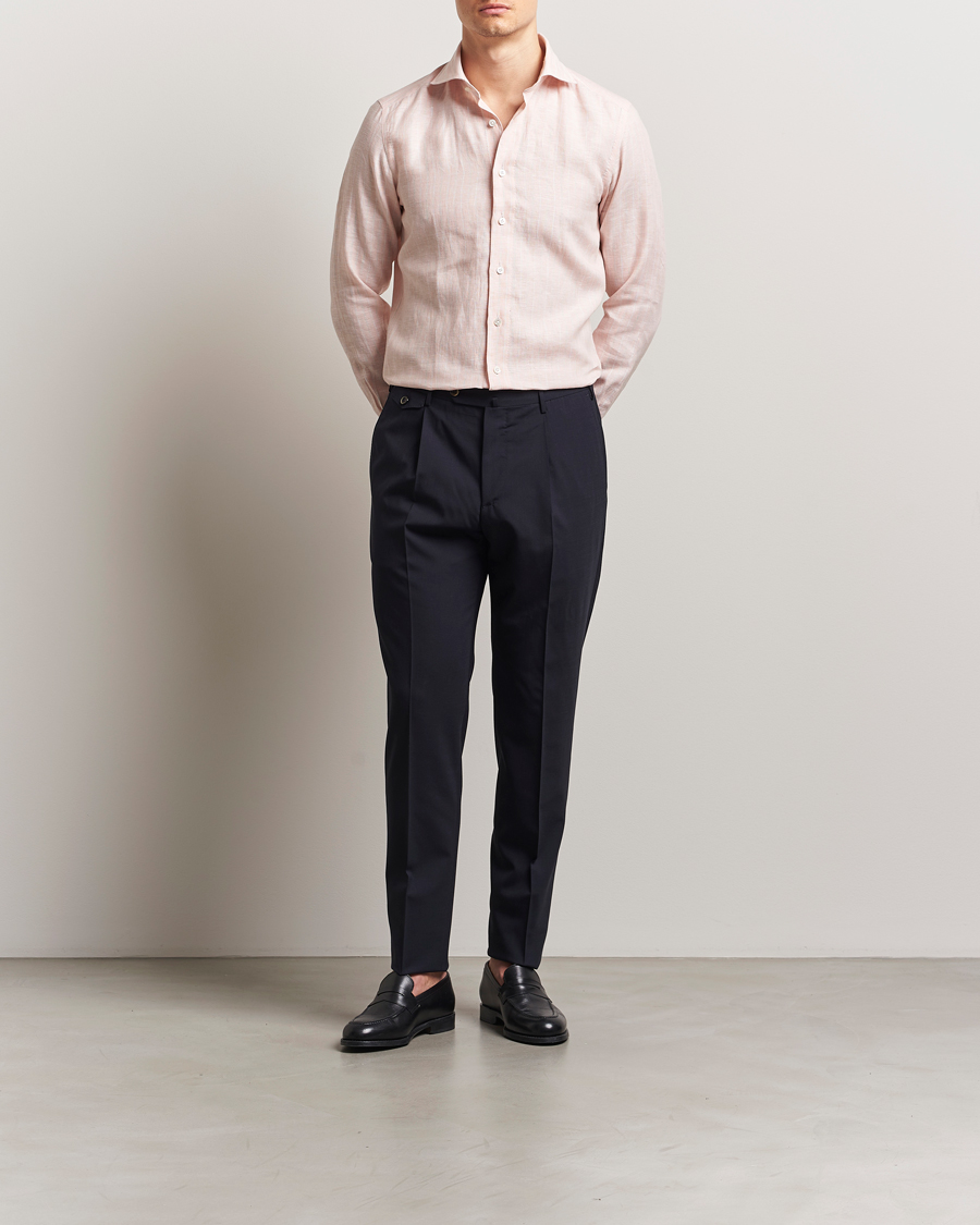 Men | Shirts | 100Hands | Cut Away Double Cuff Striped Linen Shirt Pink