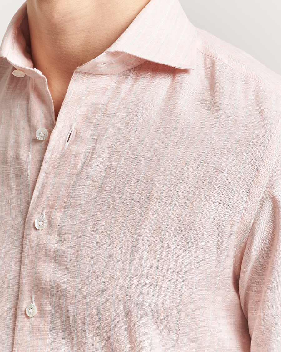 Men | Shirts | 100Hands | Cut Away Double Cuff Striped Linen Shirt Pink