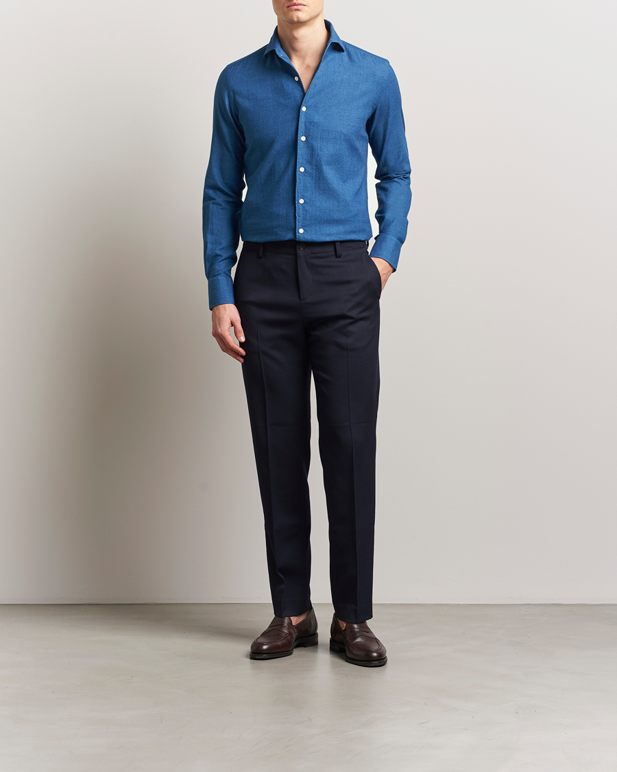 Men | Shirts | 100Hands | Garment Washed Denim Linen Shirt Mid Blue
