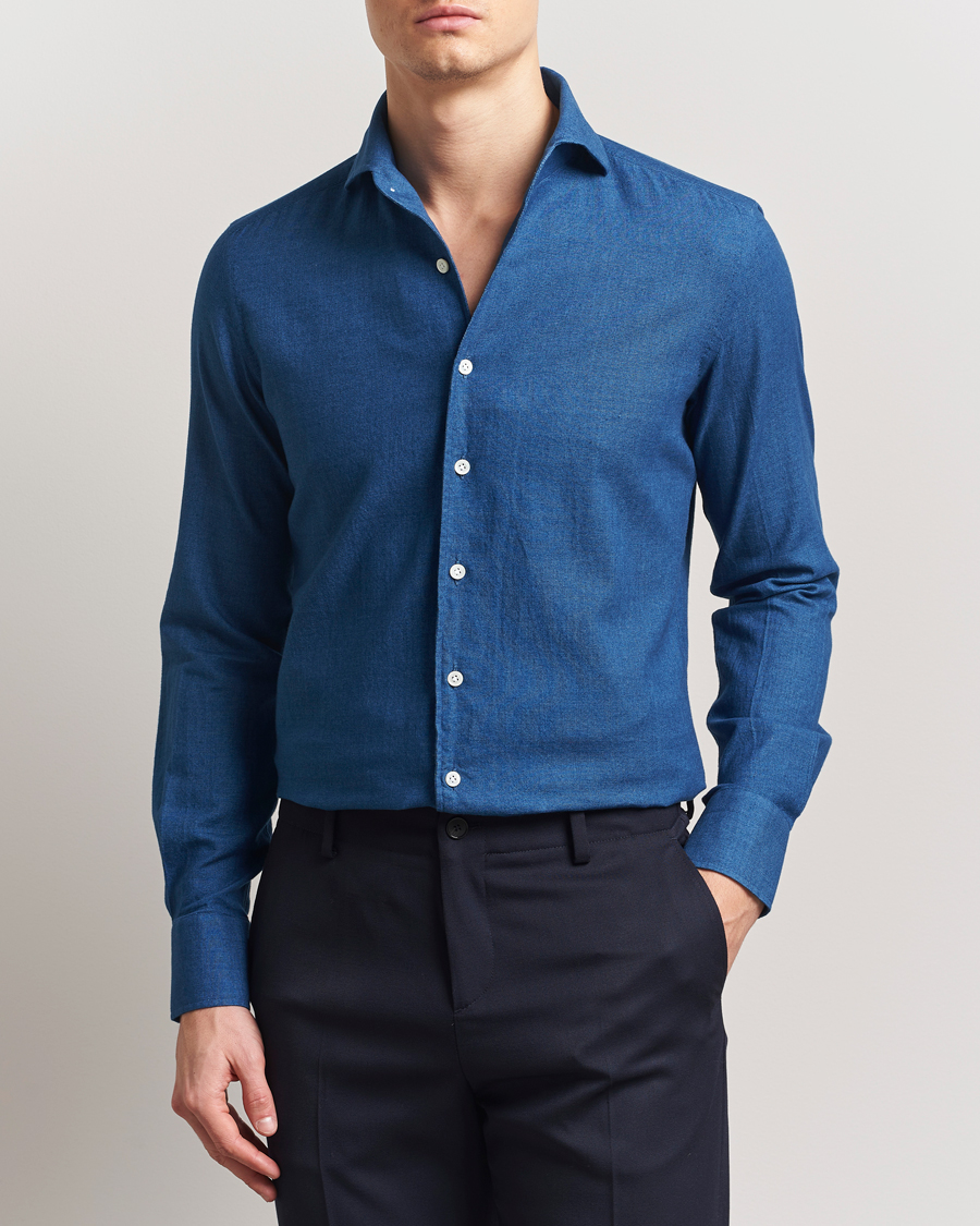 Men | Shirts | 100Hands | Garment Washed Denim Linen Shirt Mid Blue