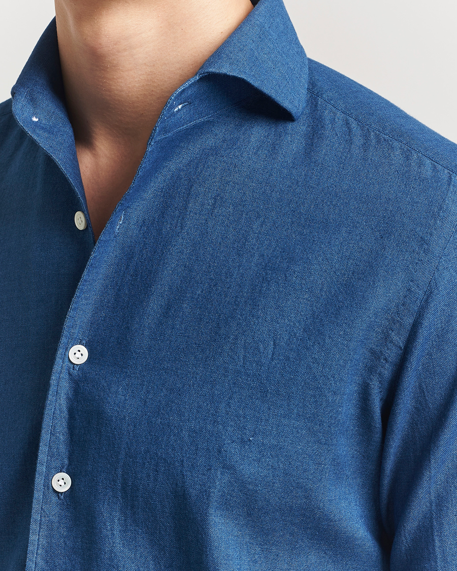 Men | Shirts | 100Hands | Garment Washed Denim Linen Shirt Mid Blue