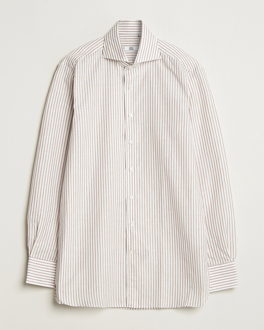 Men | Shirts | 100Hands | Cut Away Striped Linen Shirt Brown