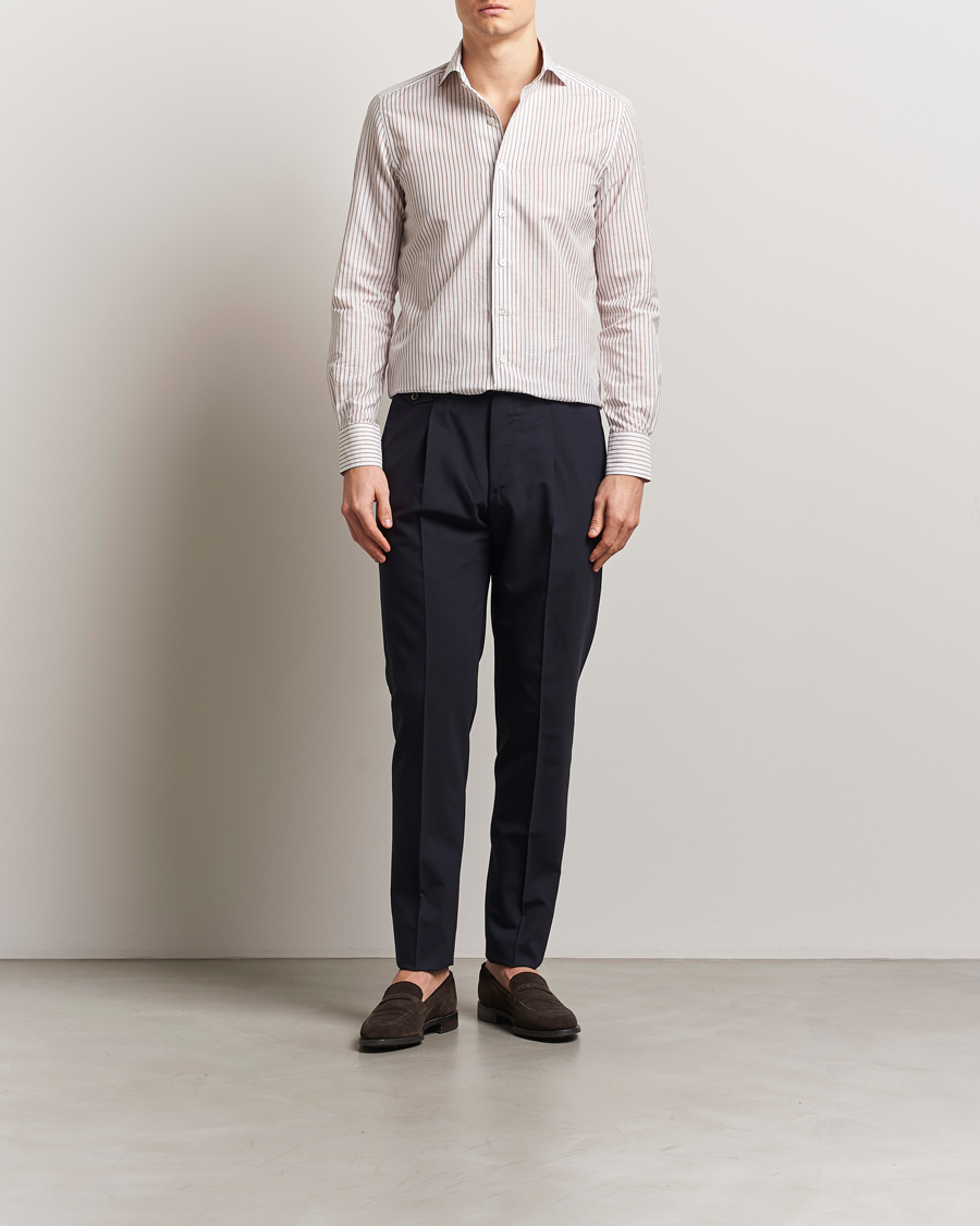 Men | Shirts | 100Hands | Cut Away Striped Linen Shirt Brown