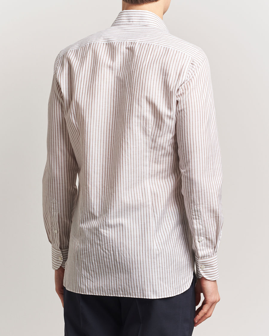 Men | Shirts | 100Hands | Cut Away Striped Linen Shirt Brown
