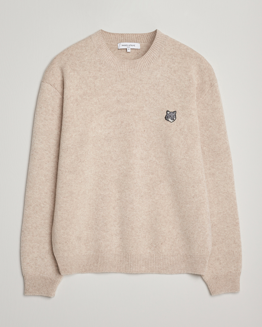 Men | Sweaters & Knitwear | Maison Kitsuné | Grey Fox Head Milano Lambswool Sweater Tan Beige