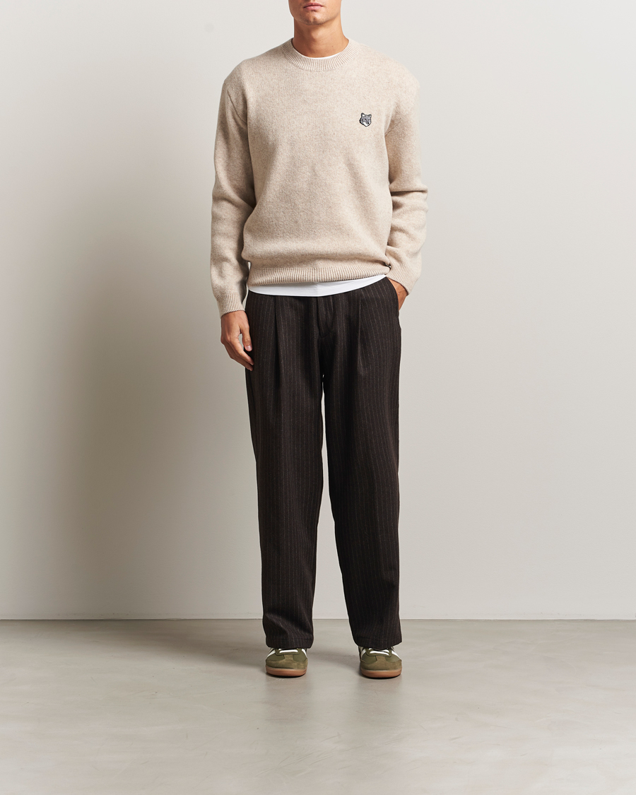 Men | Sweaters & Knitwear | Maison Kitsuné | Grey Fox Head Milano Lambswool Sweater Tan Beige