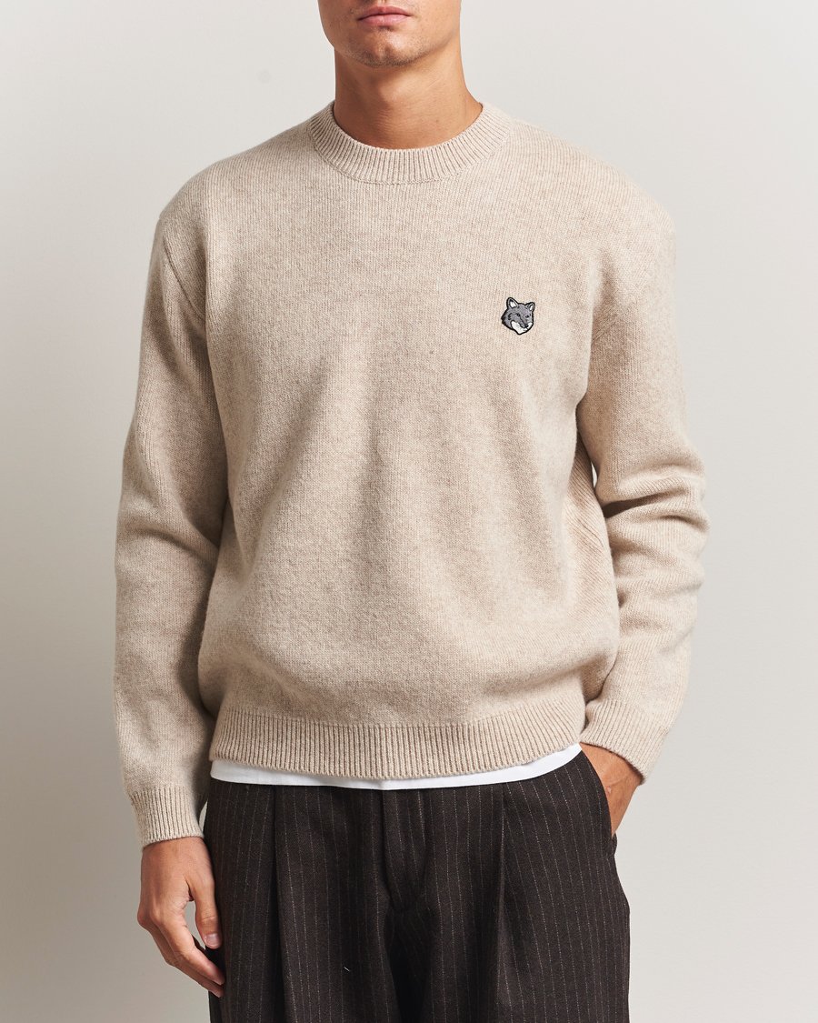 Men | Sweaters & Knitwear | Maison Kitsuné | Grey Fox Head Milano Lambswool Sweater Tan Beige