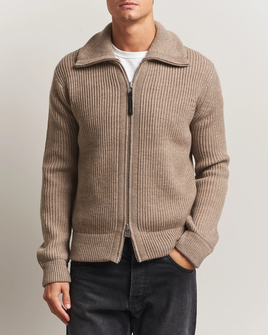 Men | Sweaters & Knitwear | Tiger of Sweden | Niall Heavy Wool Full Zip Beige Melange