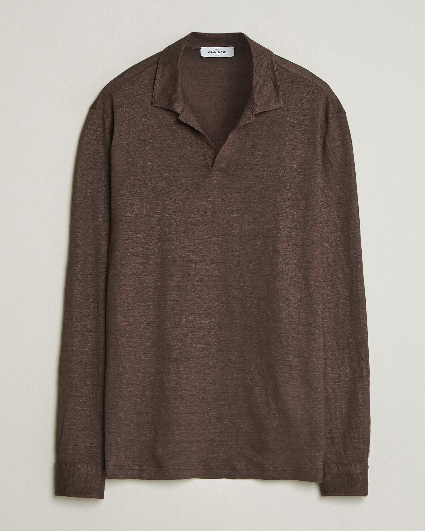 Men | Polo Shirts | Gran Sasso | Washed Linen Long Sleeve Polo Brown Melange