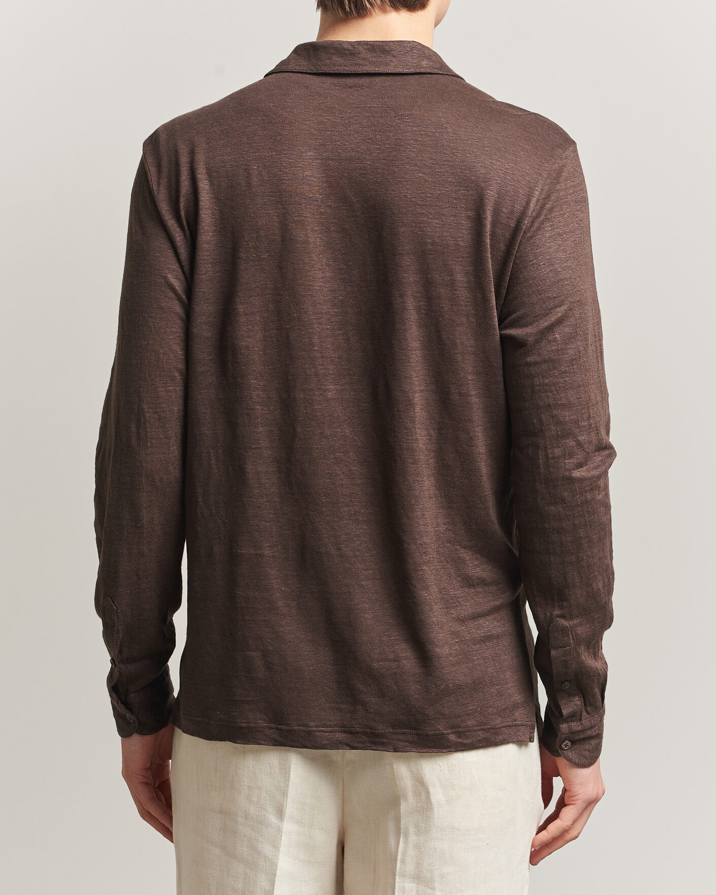 Men | Polo Shirts | Gran Sasso | Washed Linen Long Sleeve Polo Brown Melange