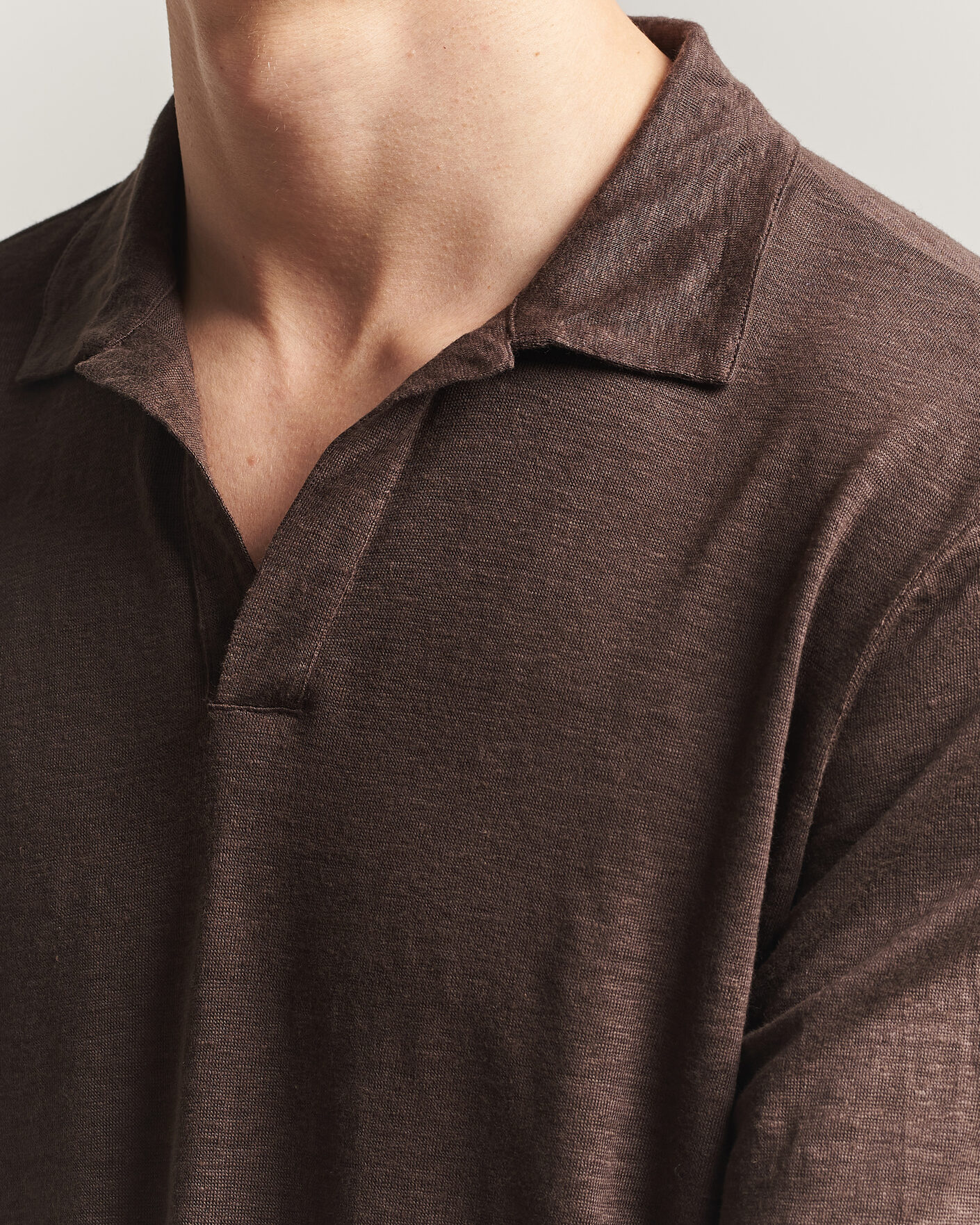 Men | Polo Shirts | Gran Sasso | Washed Linen Long Sleeve Polo Brown Melange