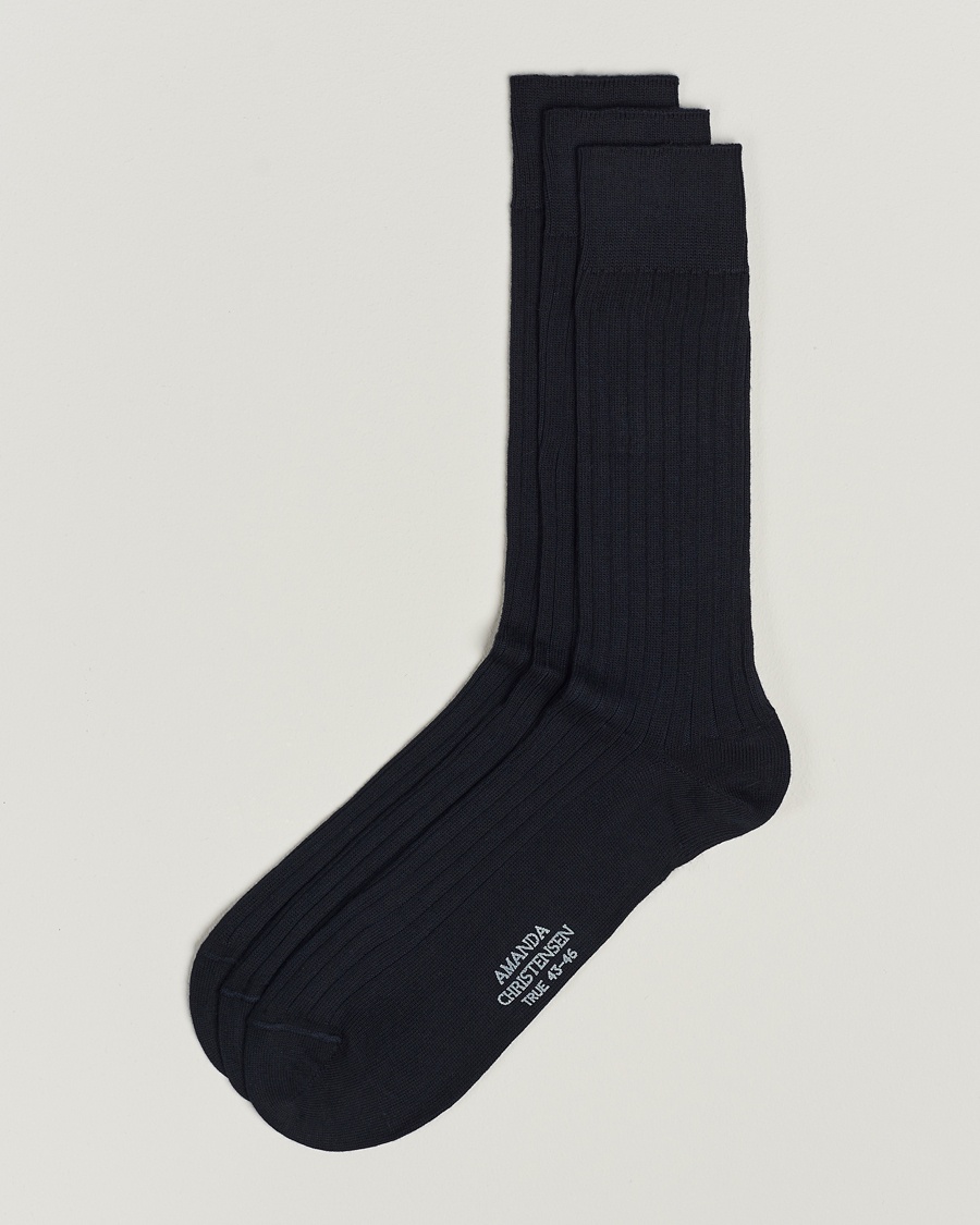 Amanda Christensen 3-Pack True Cotton Ribbed Socks Dark Navy – Blue