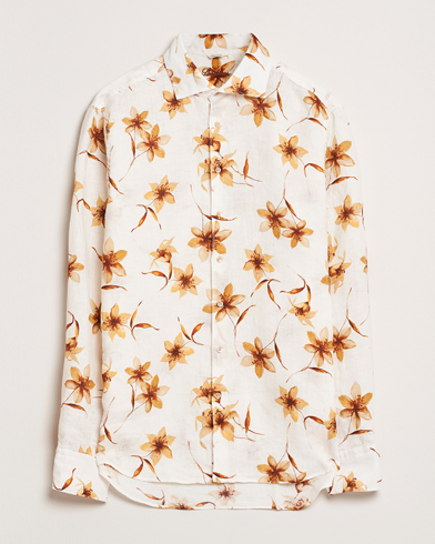  Fitted Body Flower Printed Linen Shirt White