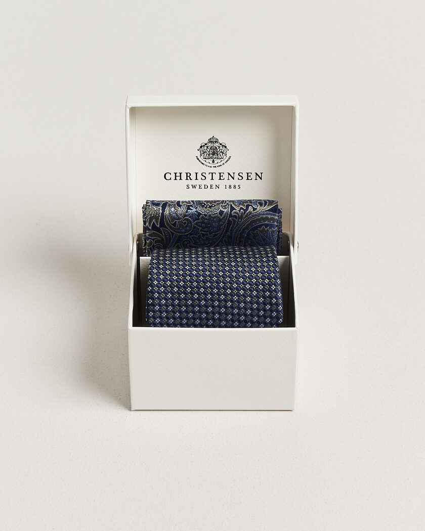 Amanda Christensen Box Set Printed Silk 8cm Tie With Pocket Square Navy/Green – Blue