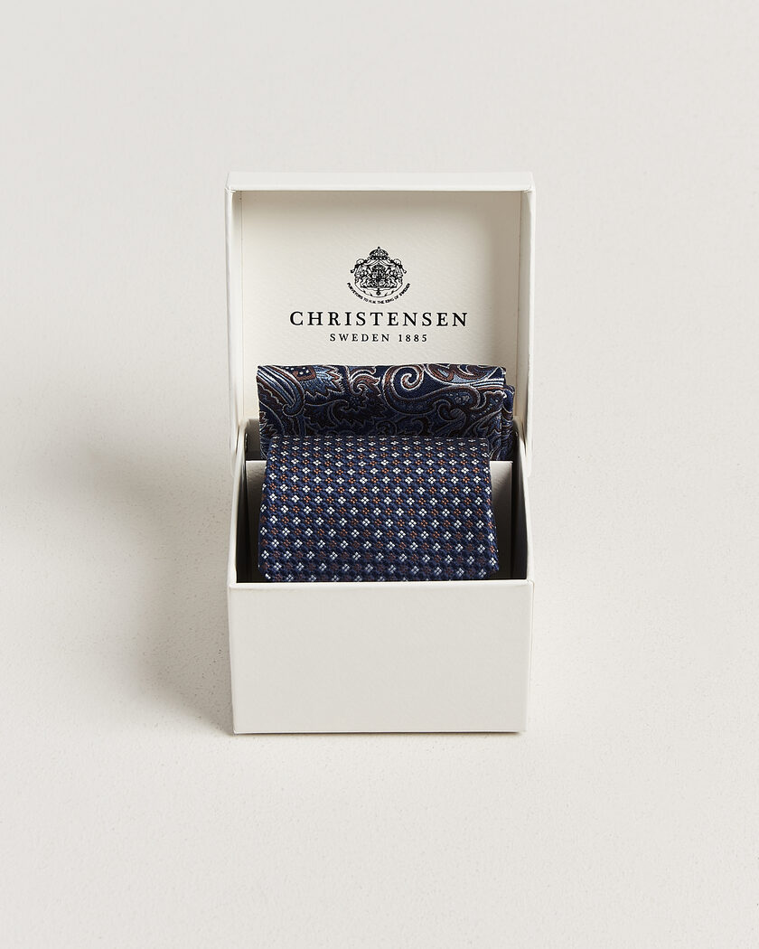 Amanda Christensen Box Set Printed Silk 8cm Tie With Pocket Square Navy/Brown – Blue