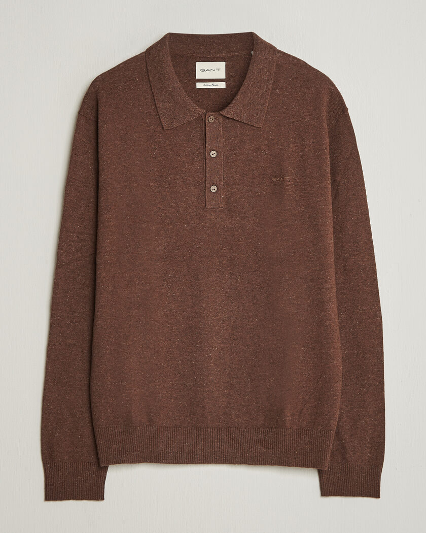 GANT Cotton/Linen Slub Knitted Polo Hazelnut Melange – Brown