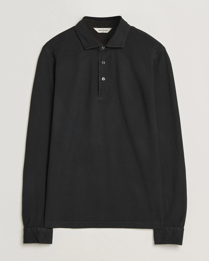 Gran Sasso Washed Long Sleeve Polo Black – Black