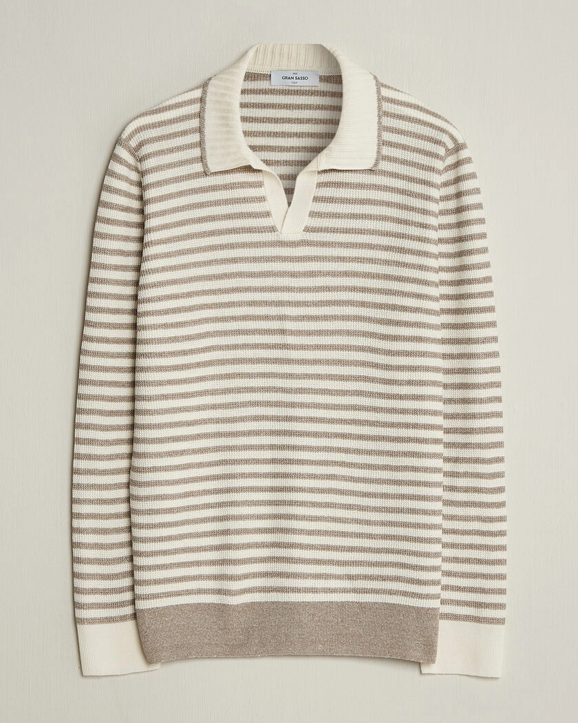 Gran Sasso Linen/Cotton Knitted Striped Polo Beige/White – Beige