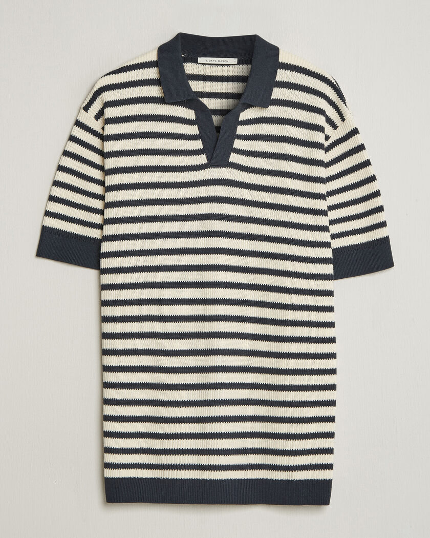 A Day's March Jeremy Striped Knitted Polo Off White/Navy – Blue