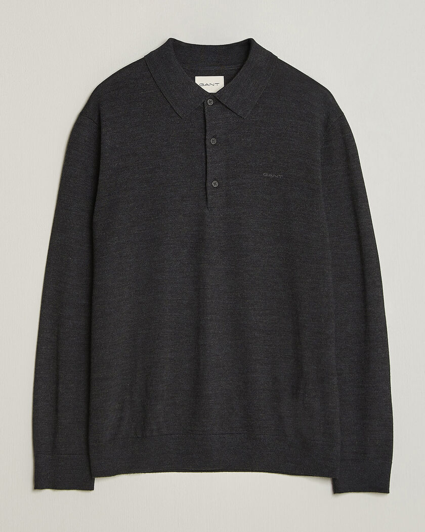 Gant Extrafine Merino Knitted Polo Dark Charcoal Melange – Grey