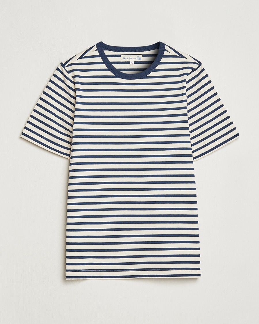 Men | T-Shirts | Merz b. Schwanen | Relaxed Fit Striped Sturdy T-Shirt Ink/Nature