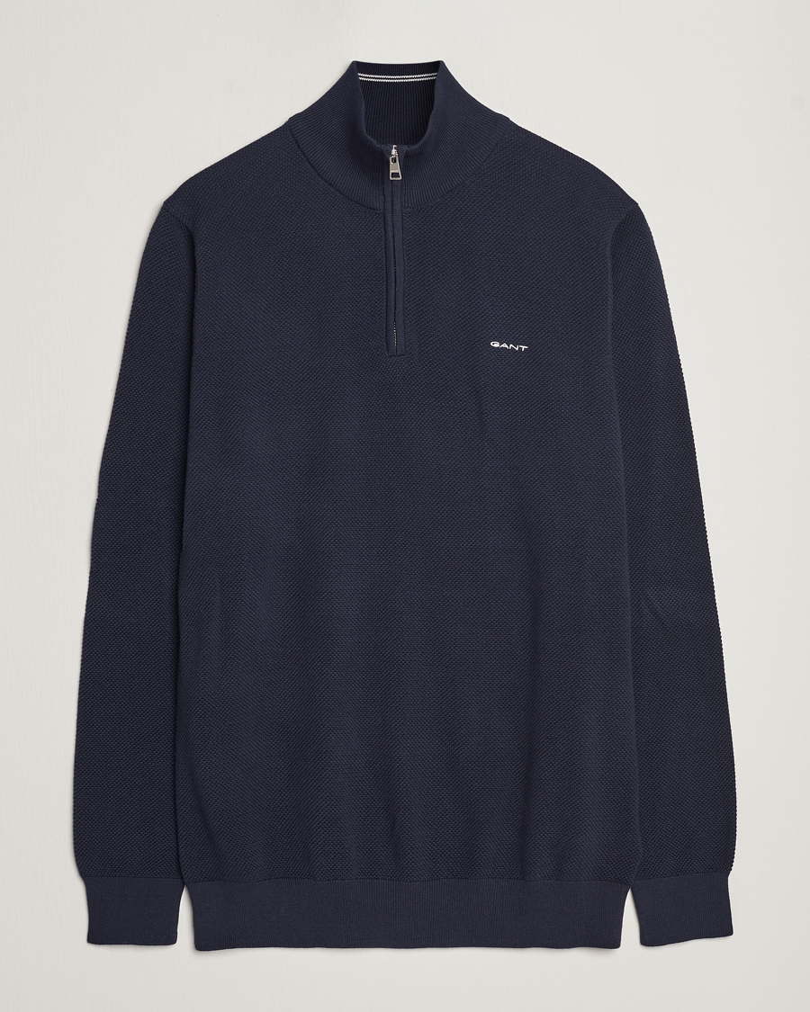 Men | Sweaters & Knitwear | GANT | Cotton Pique Half Zip Evening Blue