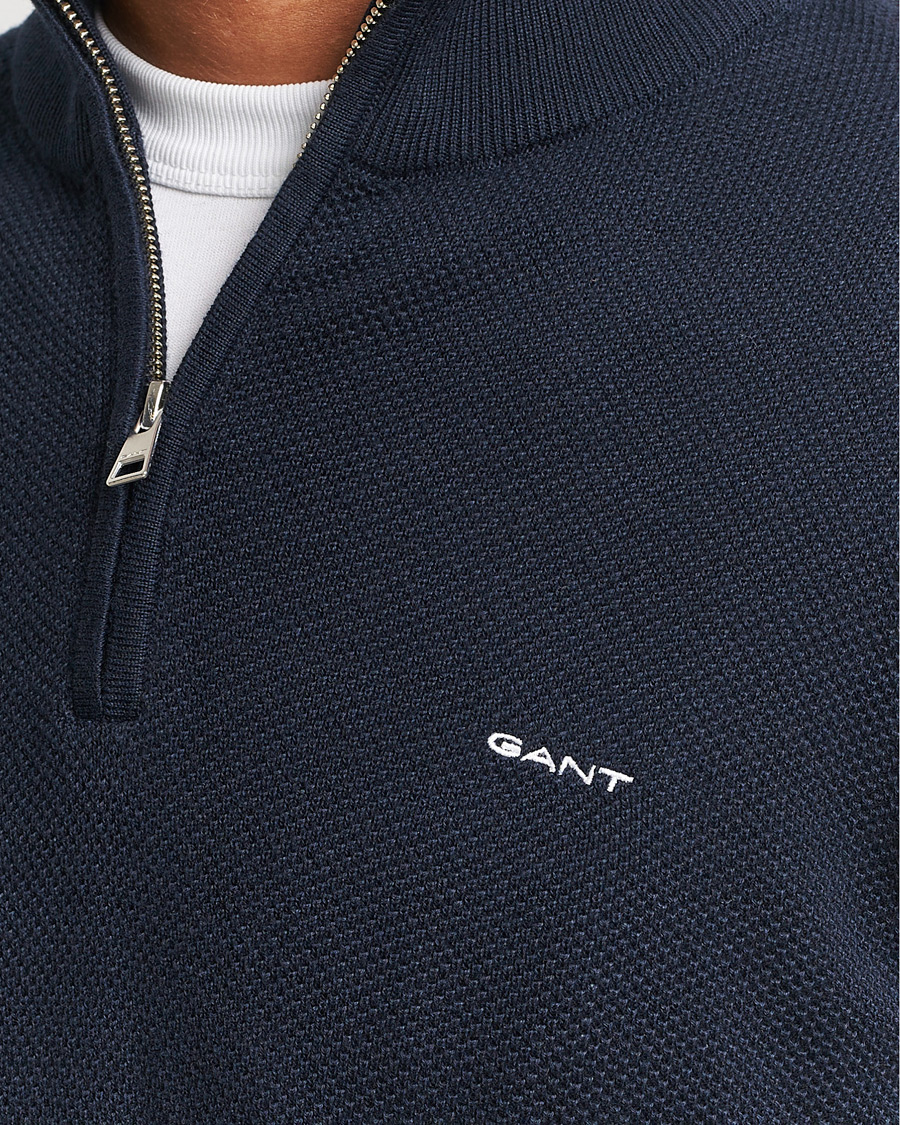 Men | Sweaters & Knitwear | GANT | Cotton Pique Half Zip Evening Blue