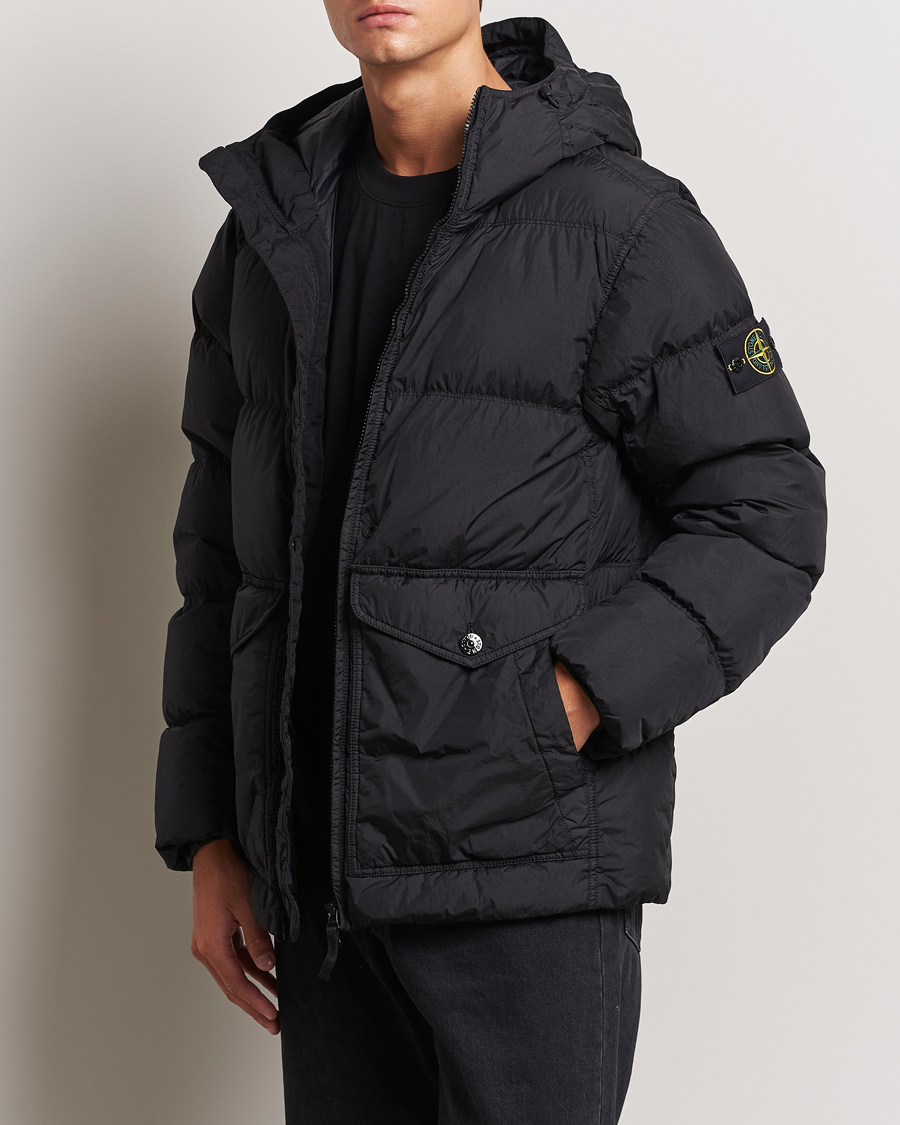 Stone Island Garment Dyed Recycled Nylon Down Hooded Jacket Black