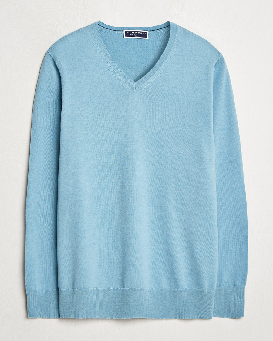 Men | Sweaters & Knitwear | Charles Tyrwhitt | Pure Merino V-Neck Jumper Aqua Green