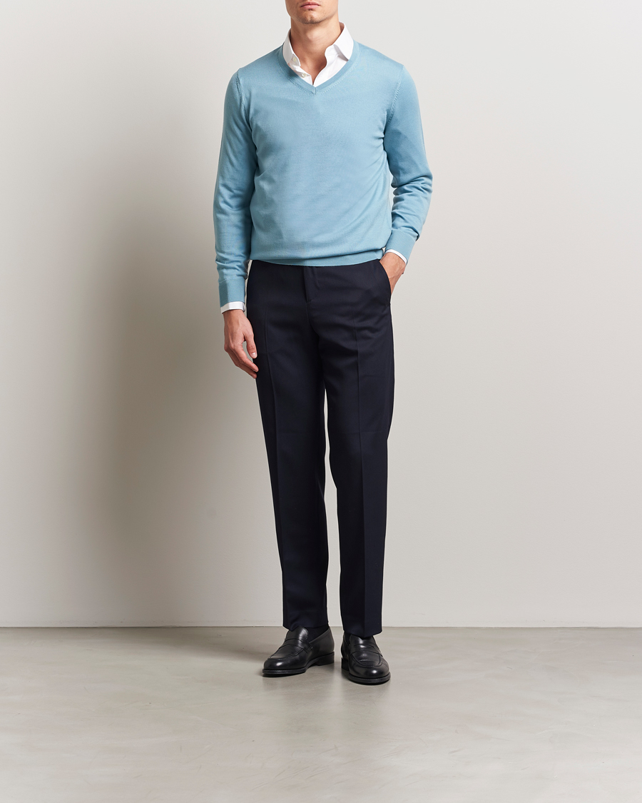 Men | Sweaters & Knitwear | Charles Tyrwhitt | Pure Merino V-Neck Jumper Aqua Green